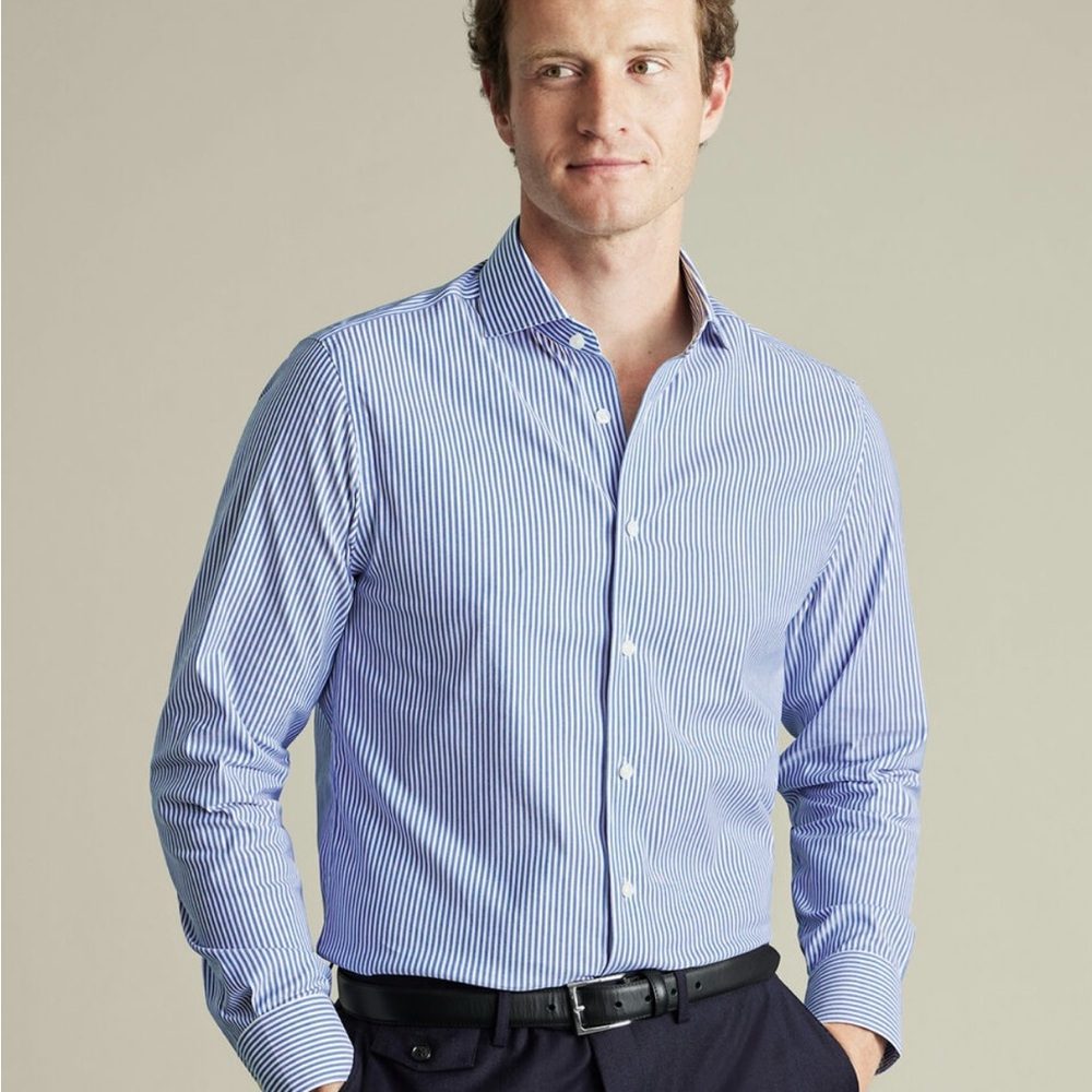 Charles Tyrwhitt Non-Iron Performance Twill Stripe Shirt - Royal Blue Slim Fit
